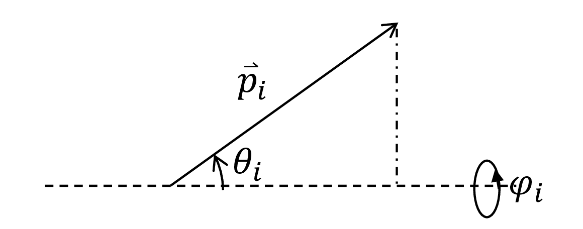 Fig. 5. The dashed line is the axis determined by the thethering point and the direction of the force. $\theta_i$ is the angle that the $i$th monomer takes with respect to this axis. $\phi_i$ is the azimuthal angle.