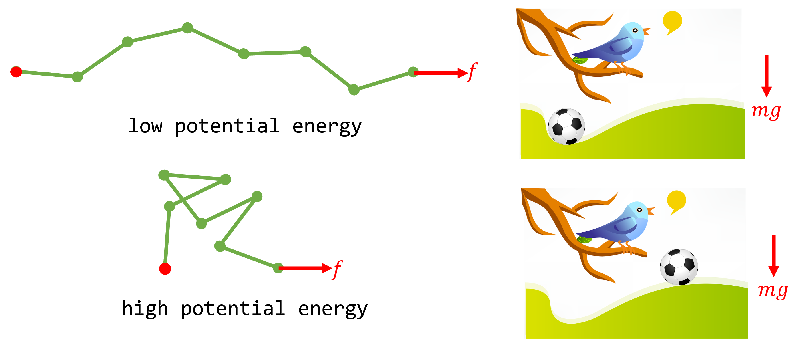 Fig. 3. When the polymer system is subject to the external force $f$, its potential energy is $-fx$. Shown are two example microstates of low and high potential energy and the analogy with a soccer ball on a hill subject to the gravitational force $mg$.